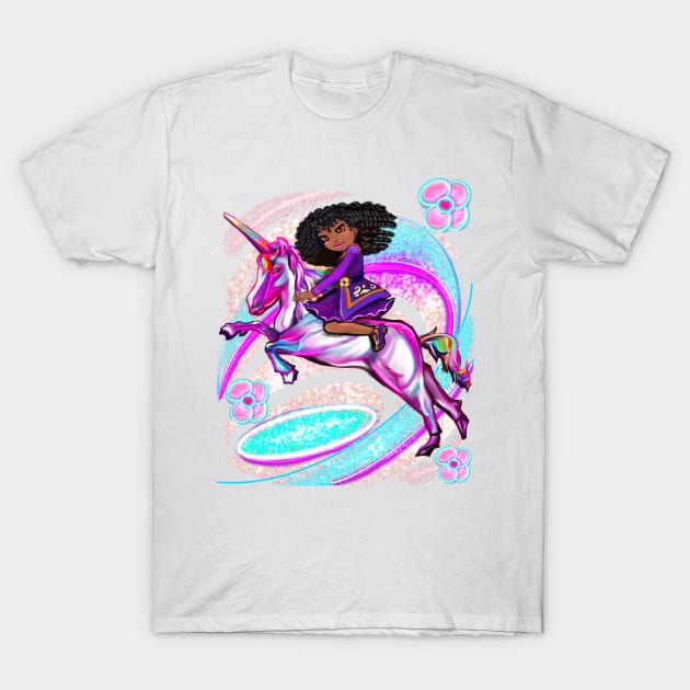 Curly hair Princess on a unicorn pony ii - black girl with curly afro hair on a horse. Black princess T-Shirt by Artonmytee